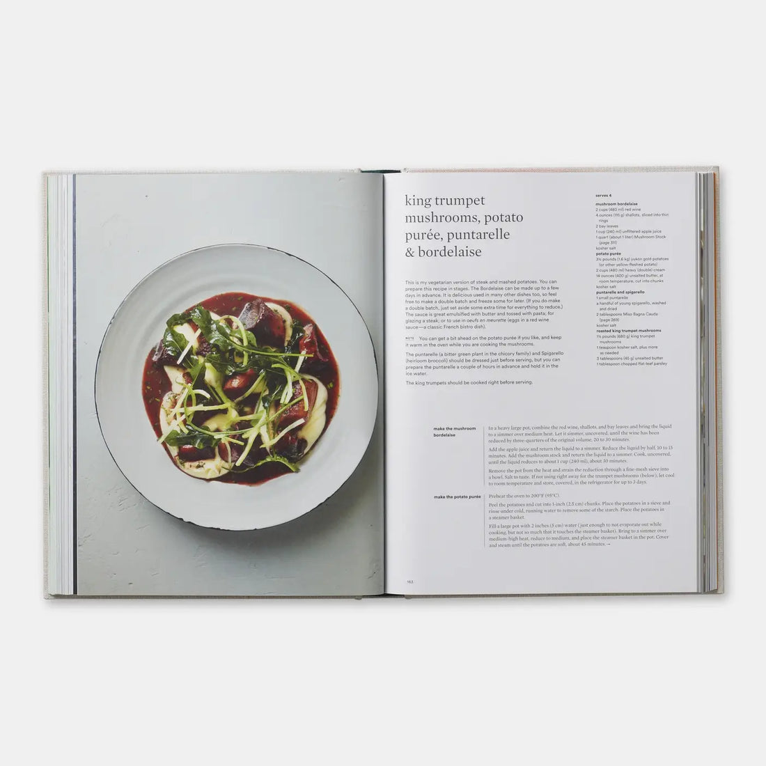 Phaidon On Vegetables cookbook, open to king trumpet mushroom recipe page with ingredients and full-plate photo.