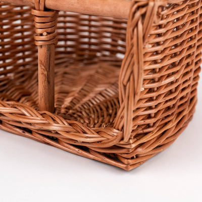 
                    
                      Wicker Bike Seat for Dolls, natural woven wicker, close-up of bottom corner and intricate weave detail.
                    
                  