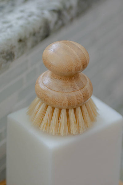 
                    
                      Casa Agave Dish Washing Brush with Moso bamboo handle and light agave fiber bristles, close-up details resting on a white…
                    
                  