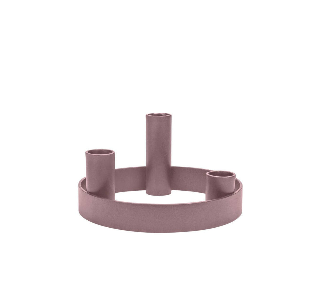 Round Metal Candelabra Ring in Old Rose, painted mild steel, elevated view highlighting the three candle holders on white.