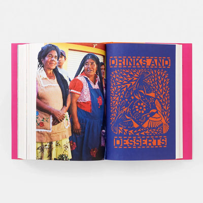 
                    
                      Mexico Cookbook interior spread. Photo of women, blue page with orange 'DRINKS AND DESSERTS' art.
                    
                  