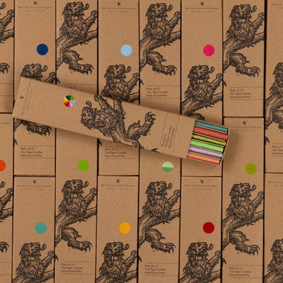 
                    
                      Thin Rainbow Taper Candles, set of 12, in open kraft paper box with lion graphic, revealing multicolored candles. Overhead…
                    
                  