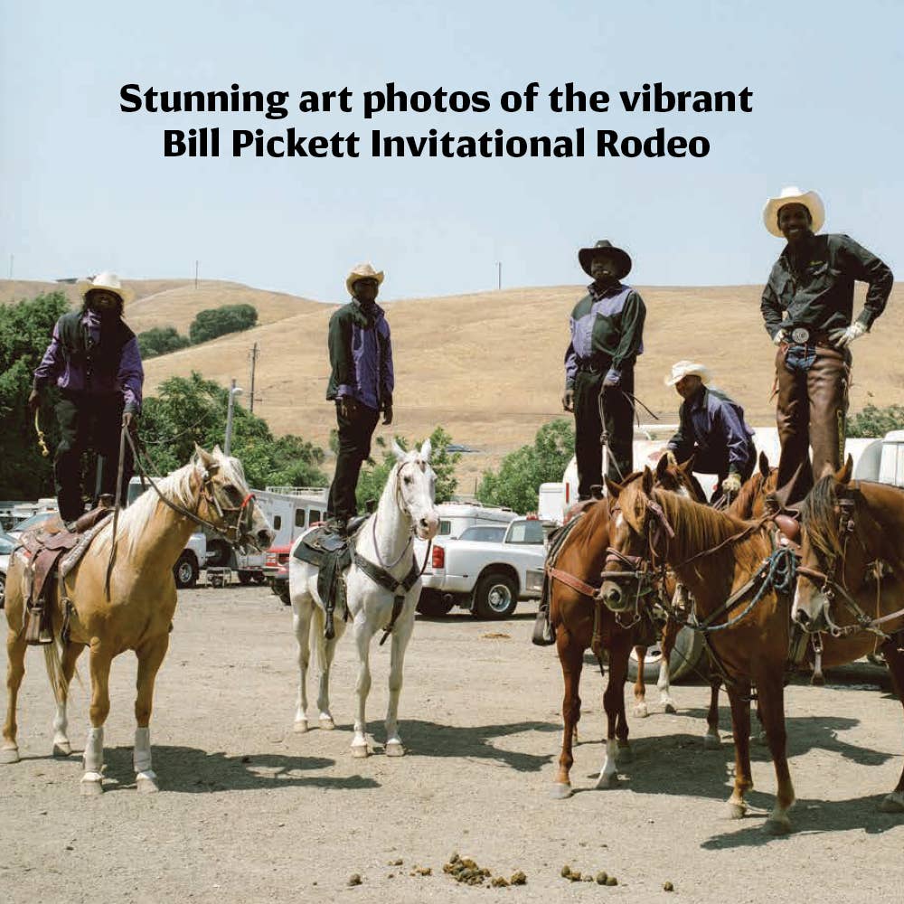 The New Black West book interior: Black cowboys standing on brown and white horses at the Bill Pickett Invitational Rodeo.
