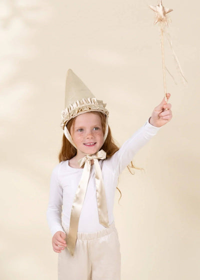 
                    
                      Role Play Dress-Up Gold Star play wand, shiny gold fabric star with ribbons, wooden stick, held aloft by a child.
                    
                  