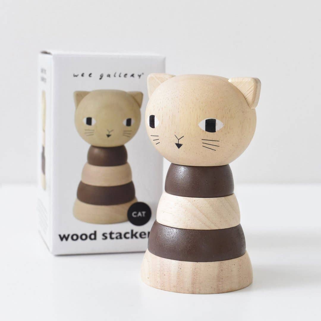 Cat wooden ring stacker, natural rubberwood and dark brown rings, front view with partially visible product box.