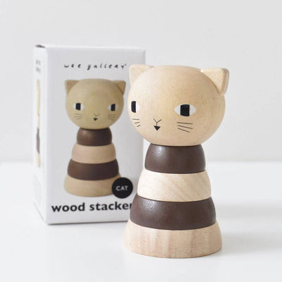 
                    
                      Cat wooden ring stacker, natural rubberwood and dark brown rings, front view with partially visible product box.
                    
                  