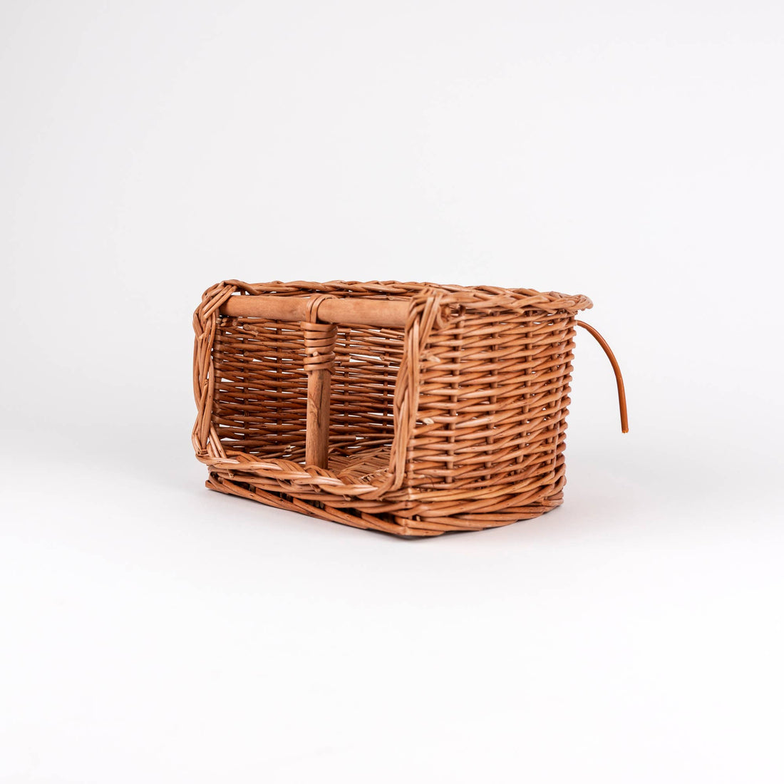 Egmont Wicker Bike Seat for Dolls, natural woven wicker, angled view highlighting brown attachment strap.