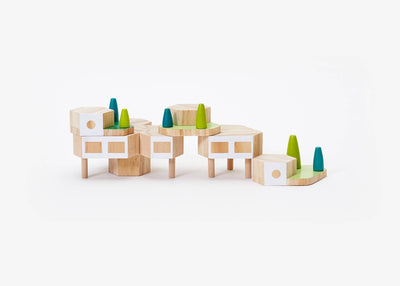 
                    
                      Blockitecture Garden City building blocks arranged in an elevated landscape, featuring natural pine wood, light green, teal,…
                    
                  