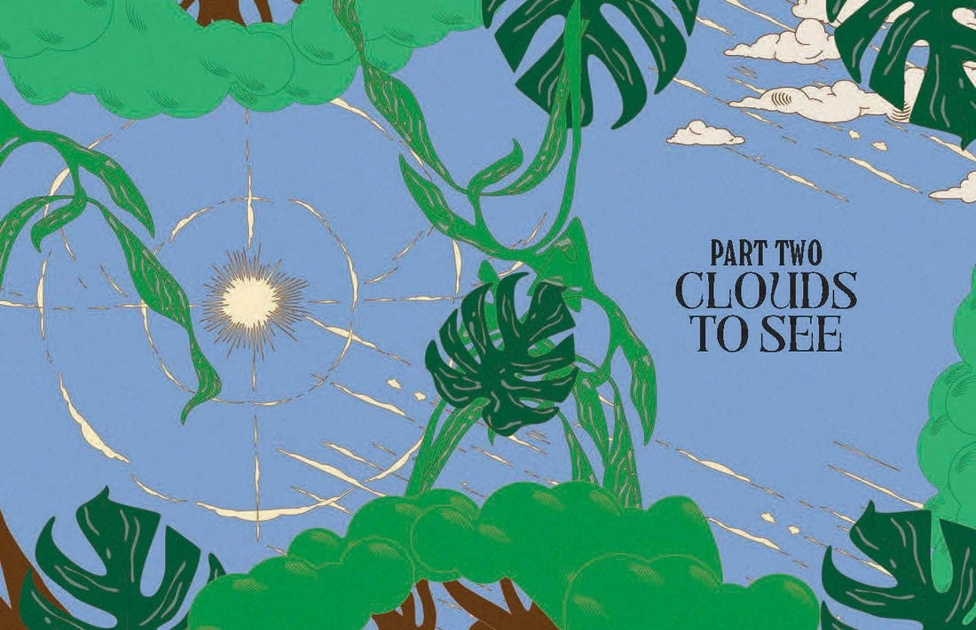 Clouds nature guide book internal page illustration with blue sky, green leaves, white clouds, and text 'PART TWO CLOUDS TO…
