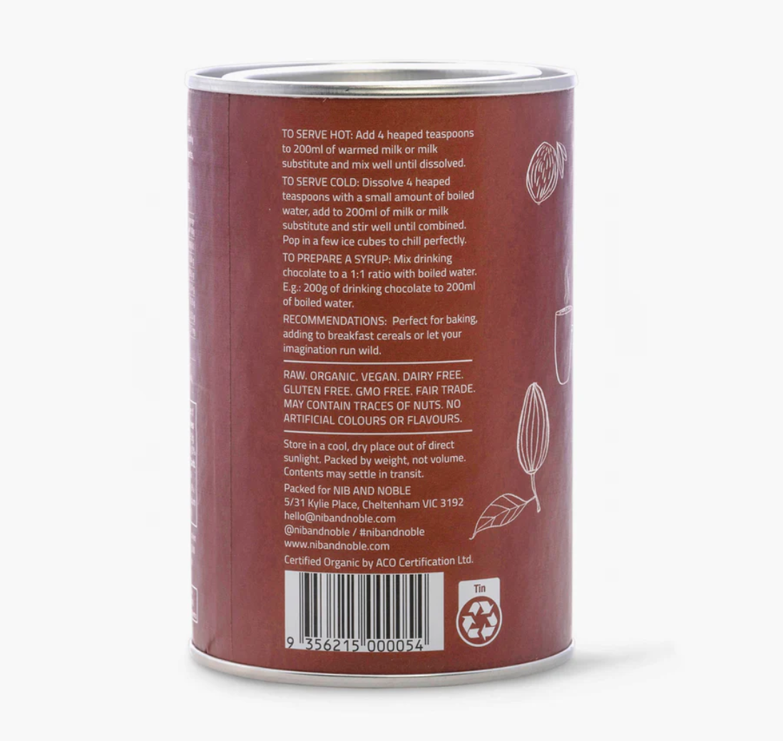 Organic Dark Drinking Chocolate hot chocolate mix, dark brown tin side view showing serving instructions, ingredient…