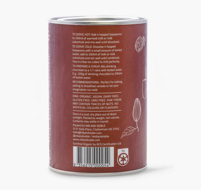 
                    
                      Organic Dark Drinking Chocolate hot chocolate mix, dark brown tin side view showing serving instructions, ingredient…
                    
                  