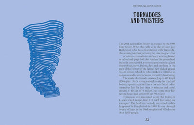 
                    
                      Clouds nature guide book interior spread, light blue page with a stylized blue tornado illustration and text on twisters.
                    
                  
