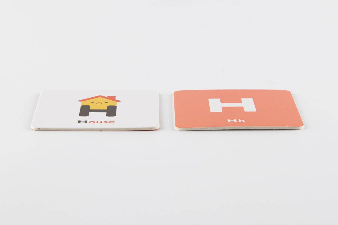 Magnetic Alphabet Play Set cards, 'H' letter card and 'House' illustration card, white and coral composite, angled detail…