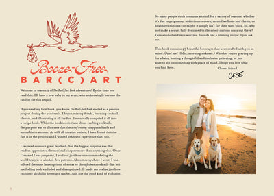 
                    
                      Booze-Free Bar(c)art Book interior page with stork illustration, title, and beach photo of a pregnant couple and dogs.
                    
                  