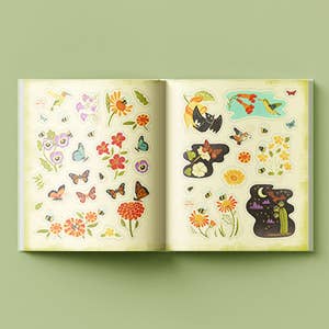 
                    
                      What's Inside Garden Sticker Set, open sticker book showing many colorful butterfly, flower, and bee stickers, flat lay view.
                    
                  