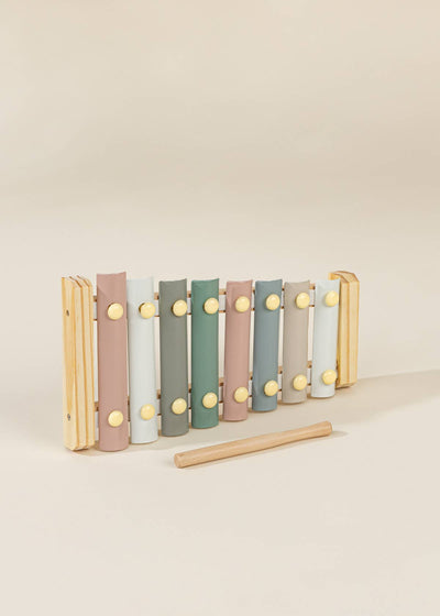 
                    
                      Wooden Musical Instruments Playset xylophone with pastel wood bars and natural wood frame, plus a wooden mallet, angled view.
                    
                  