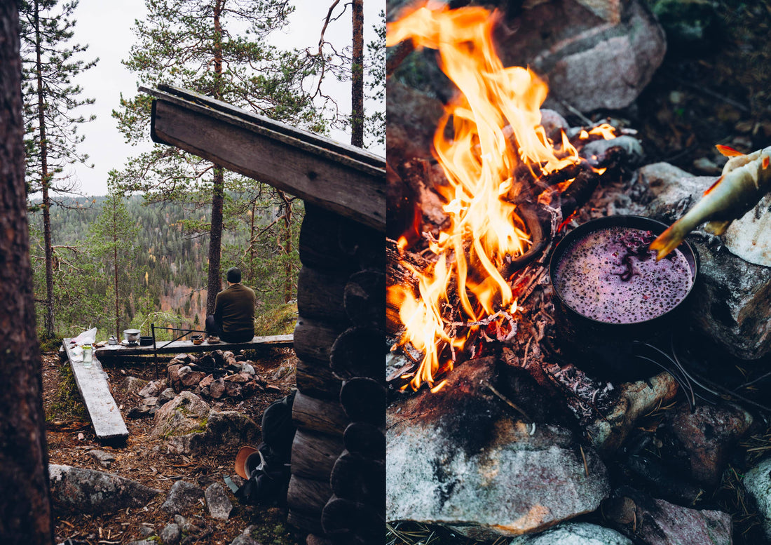 Food Over the Campfire recipe book: split view showing wilderness camper and bubbling berry stew cooked over a fire.