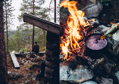 
                    
                      Food Over the Campfire recipe book: split view showing wilderness camper and bubbling berry stew cooked over a fire.
                    
                  