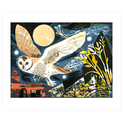 
                    
                      Art Angels Owl Flight greeting card, Mark Hearld's illustration of a barn owl flying in a dark blue moonlit night sky. Full…
                    
                  