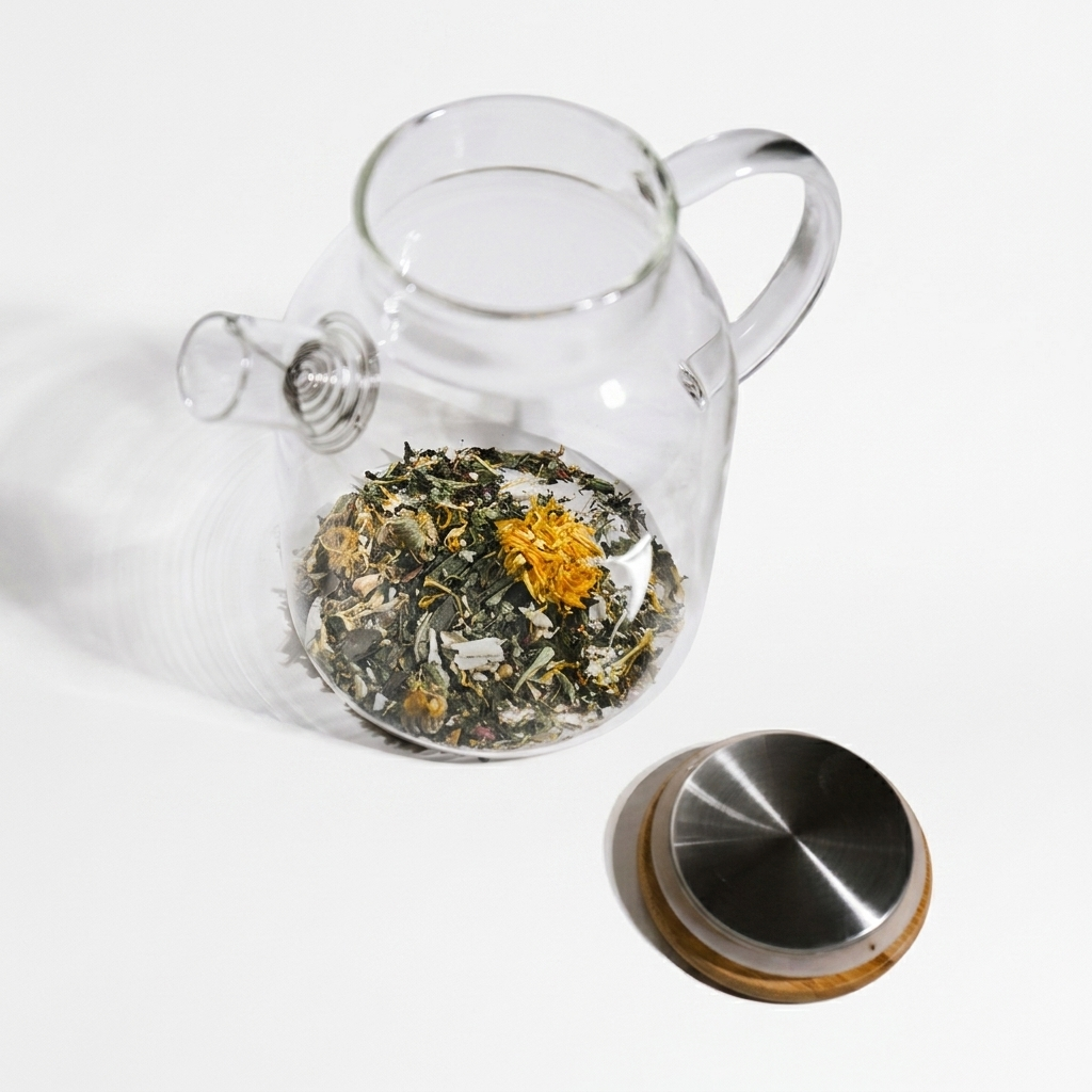 Growing Up Rooted Glass Teapot, clear borosilicate glass with bamboo and stainless steel lid, full of loose leaf tea,…