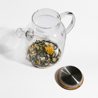 
                    
                      Growing Up Rooted Glass Teapot, clear borosilicate glass with bamboo and stainless steel lid, full of loose leaf tea,…
                    
                  