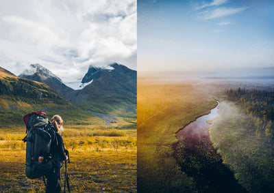 
                    
                      Food Over the Campfire print book: diptych featuring a hiker with a pack facing snow-capped mountains, and an aerial misty…
                    
                  
