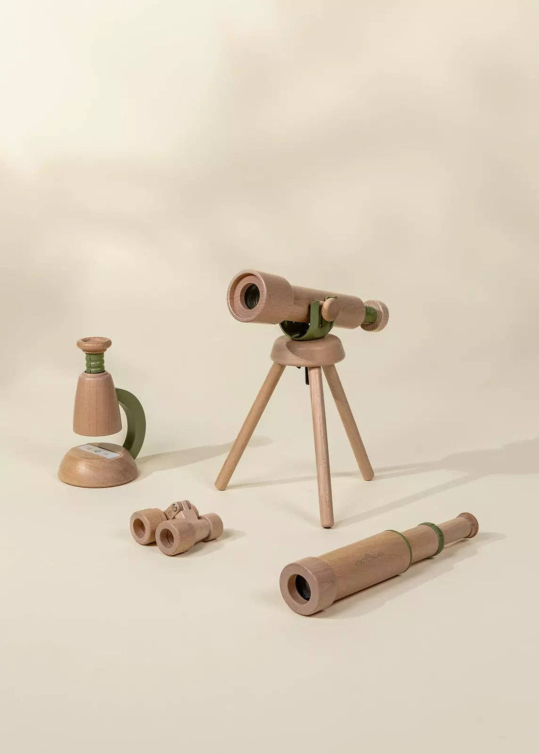 Wooden Tripod Telescope set, with handheld telescope, binoculars, and microscope, natural wood and pale green accents