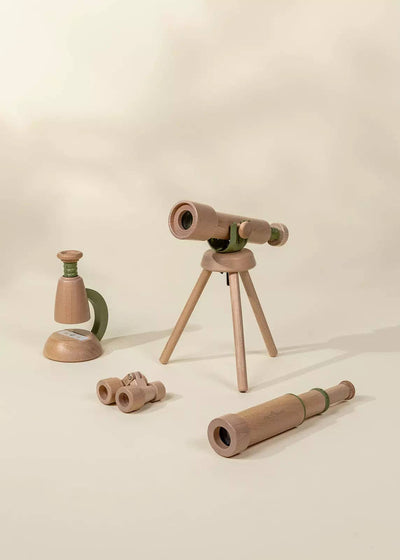 
                    
                      Wooden Tripod Telescope set, with handheld telescope, binoculars, and microscope, natural wood and pale green accents
                    
                  