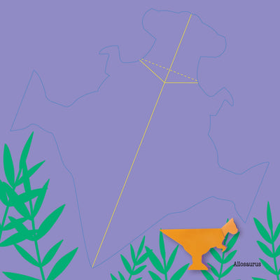 
                    
                      Orange paper Allosaurus origami from Dinosaurs Fold & Play Kit, on purple with green leaves and blue map outlines.
                    
                  