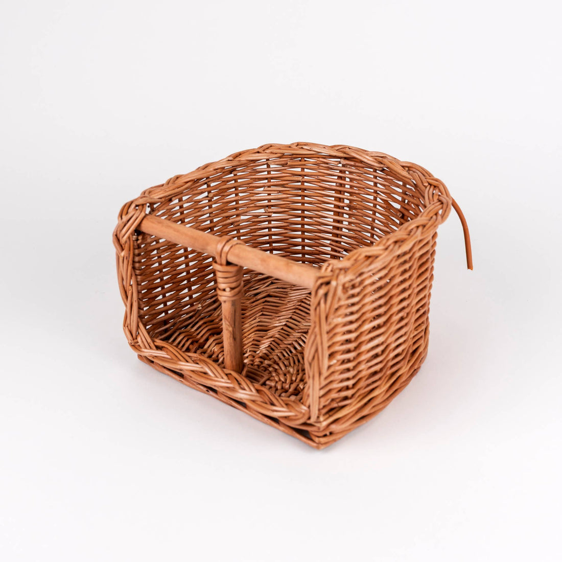 Wicker Bike Seat for Dolls, natural woven wicker, angled view showing interior and wooden crossbar structure.