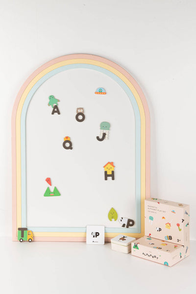 
                    
                      Magnetic Alphabet Play Set, colorful composite letter magnets displayed on a pastel rainbow arch board. Peach recycled…
                    
                  