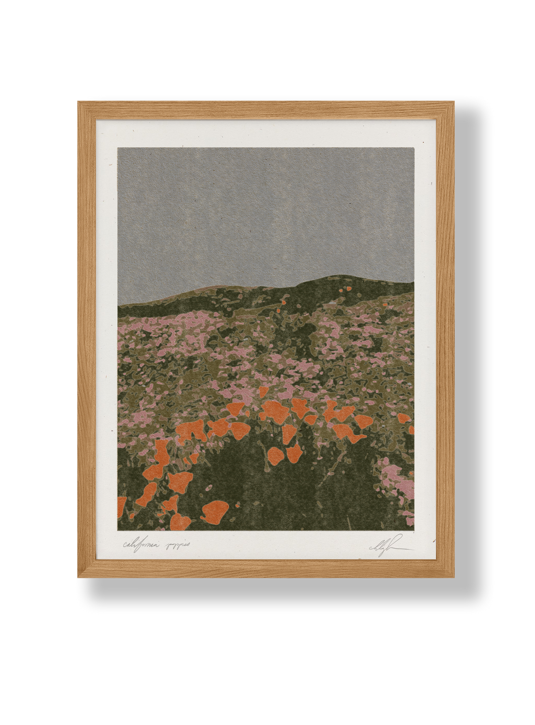 Cocoshalom California Poppies art print with orange & pink flowers, green hills, gray sky. Natural wood frame, recycled…