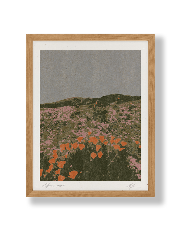 Cocoshalom California Poppies art print with orange & pink flowers, green hills, gray sky. Natural wood frame, recycled…