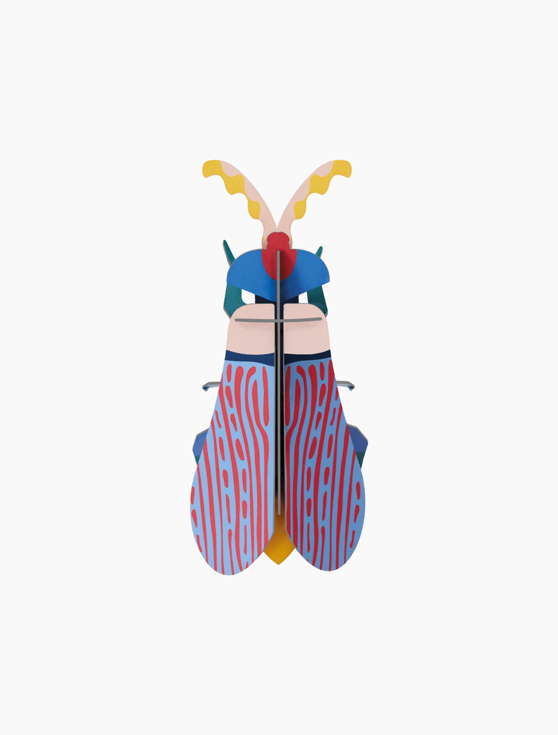 Studio Roof 3D Striped Wing Beetle 3D model kit, multi-colored recycled cardboard with red stripes on blue wings, front on…