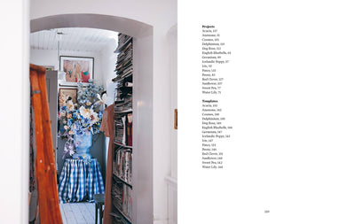 
                    
                      Paper Flower Magic book, interior spread showing project listings with a blue and white paper flower arrangement.
                    
                  