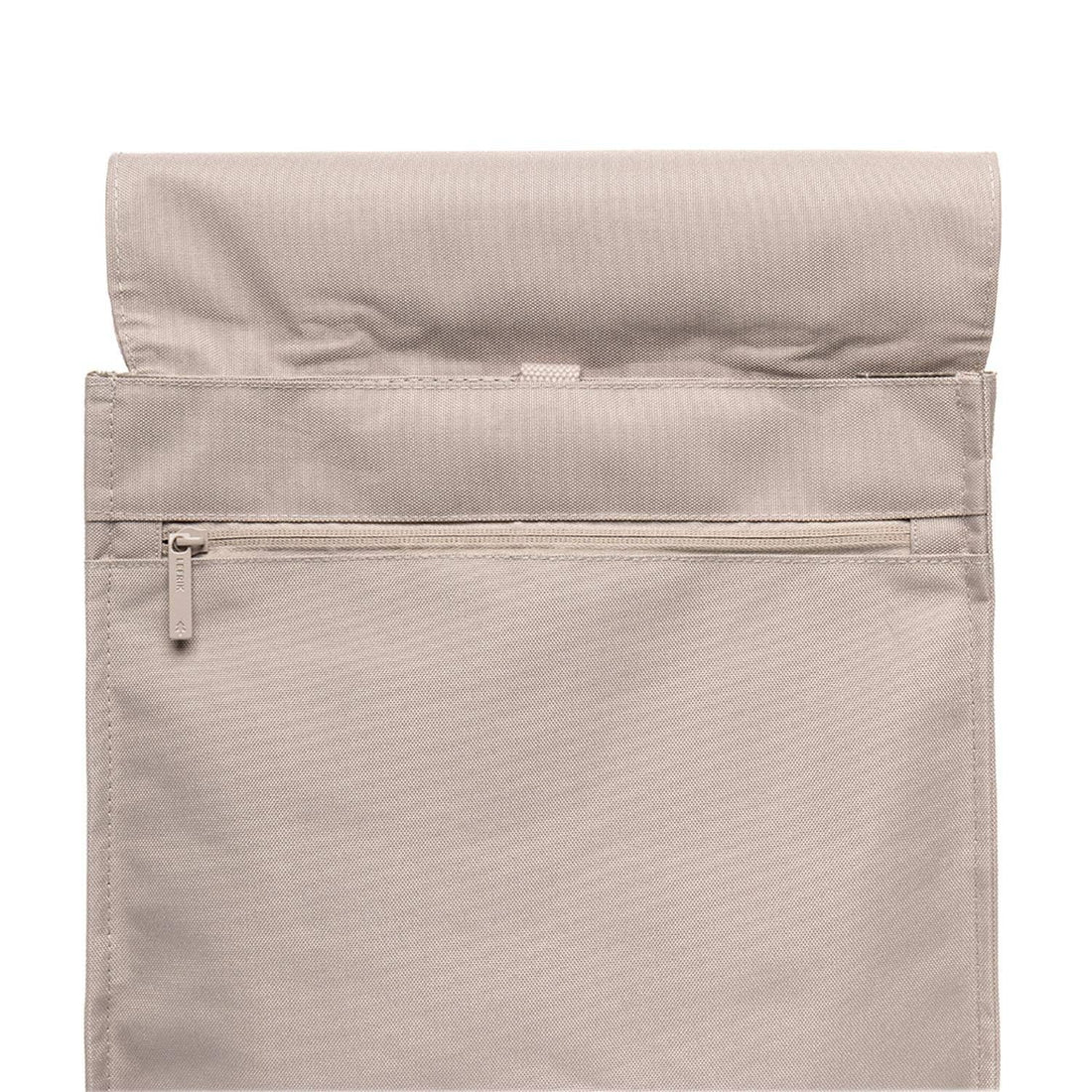 Handy Backpack, Ash Oxford RPET fabric, top section with roll-top flap partially open, showing horizontal zippered pocket.