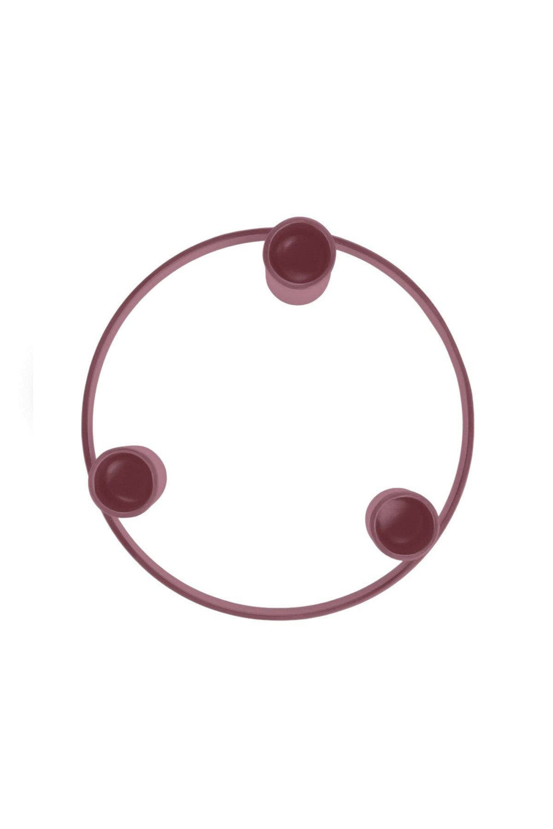 Old Rose Round Metal Candelabra Ring, painted mild steel, top-down view of circular frame with three candle holders.