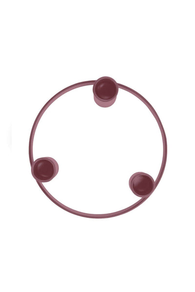 
                    
                      Old Rose Round Metal Candelabra Ring, painted mild steel, top-down view of circular frame with three candle holders.
                    
                  