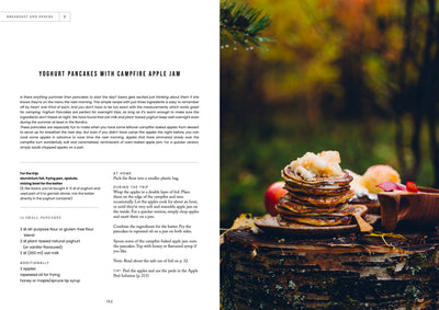 
                    
                      Food Over the Campfire print book, open to 'Yoghurt Pancakes with Campfire Apple Jam' recipe and outdoor photo.
                    
                  