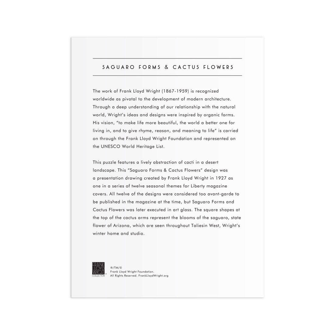 Frank Lloyd Wright Saguaro Cactus & Forms jigsaw puzzle, white box back with black text describing the 'Saguaro Forms &…