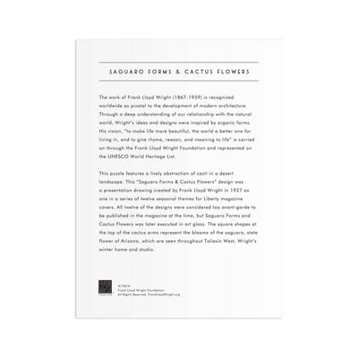
                    
                      Frank Lloyd Wright Saguaro Cactus & Forms jigsaw puzzle, white box back with black text describing the 'Saguaro Forms &…
                    
                  