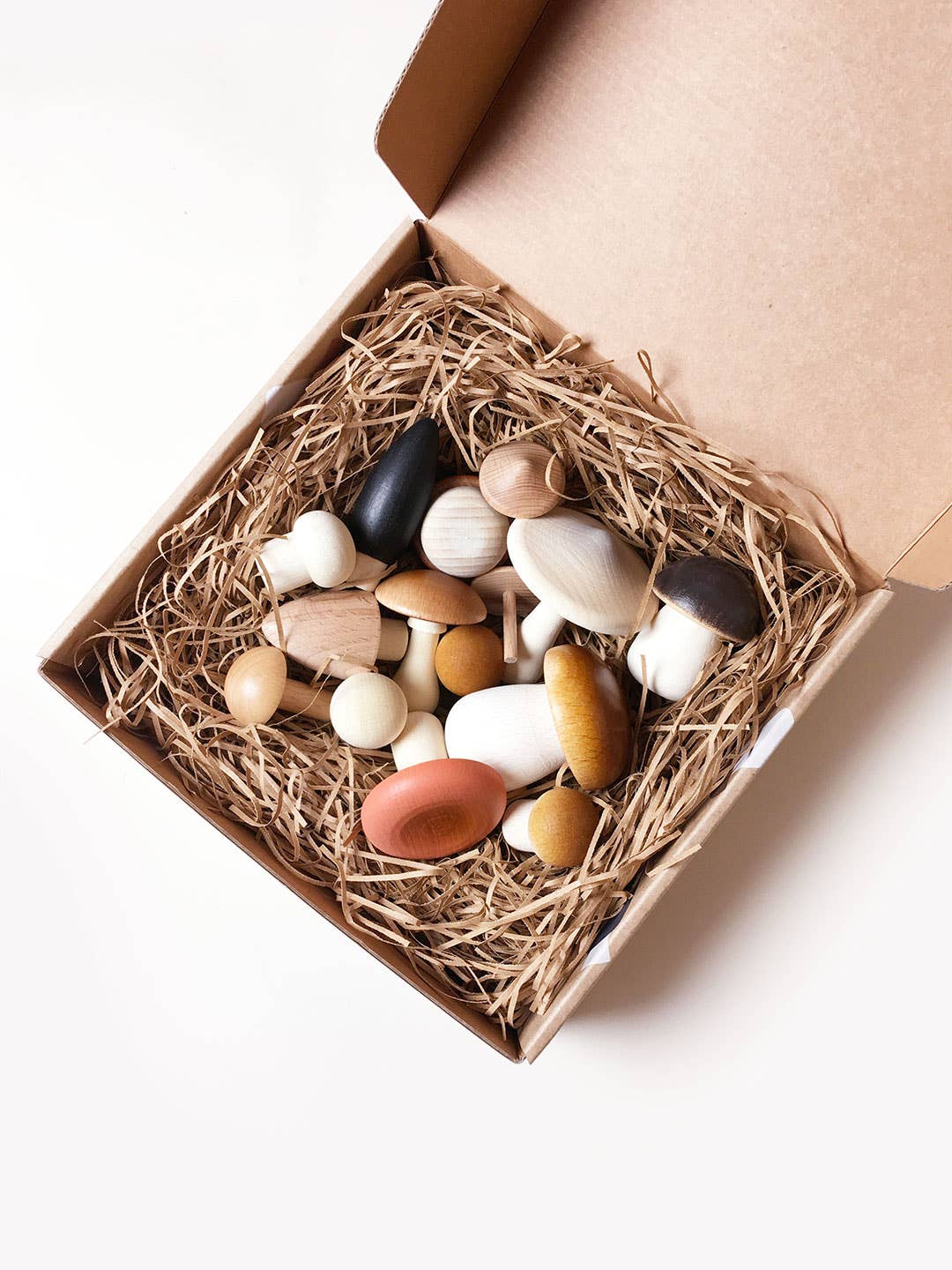 Forest Mushrooms wooden pretend play food set, diverse natural and painted Solid Beech Wood mushrooms nestled in an open…