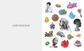 Make a Vision Board book, interior view of open pages: 'ABUNDANCE' text on grey left, colorful collage illustrations on…