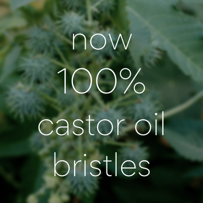 
                    
                      Moss Green Bamboo Toothbrush: 'now 100% castor oil bristles' on a blurry green castor plant background.
                    
                  