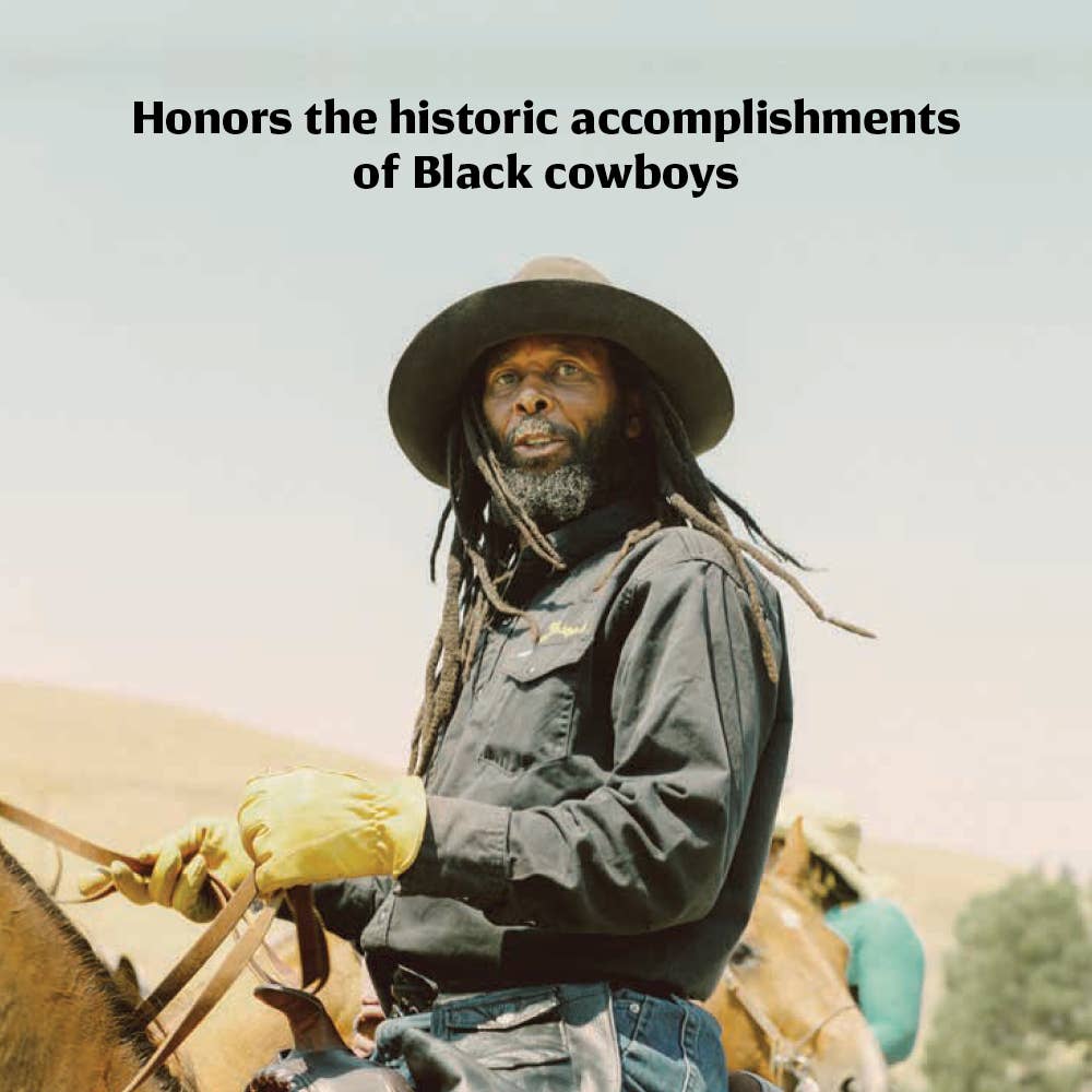 Illustrative photo for The New Black West book, showing a Black cowboy on horseback, dreadlocks, hat, with overlaid text…