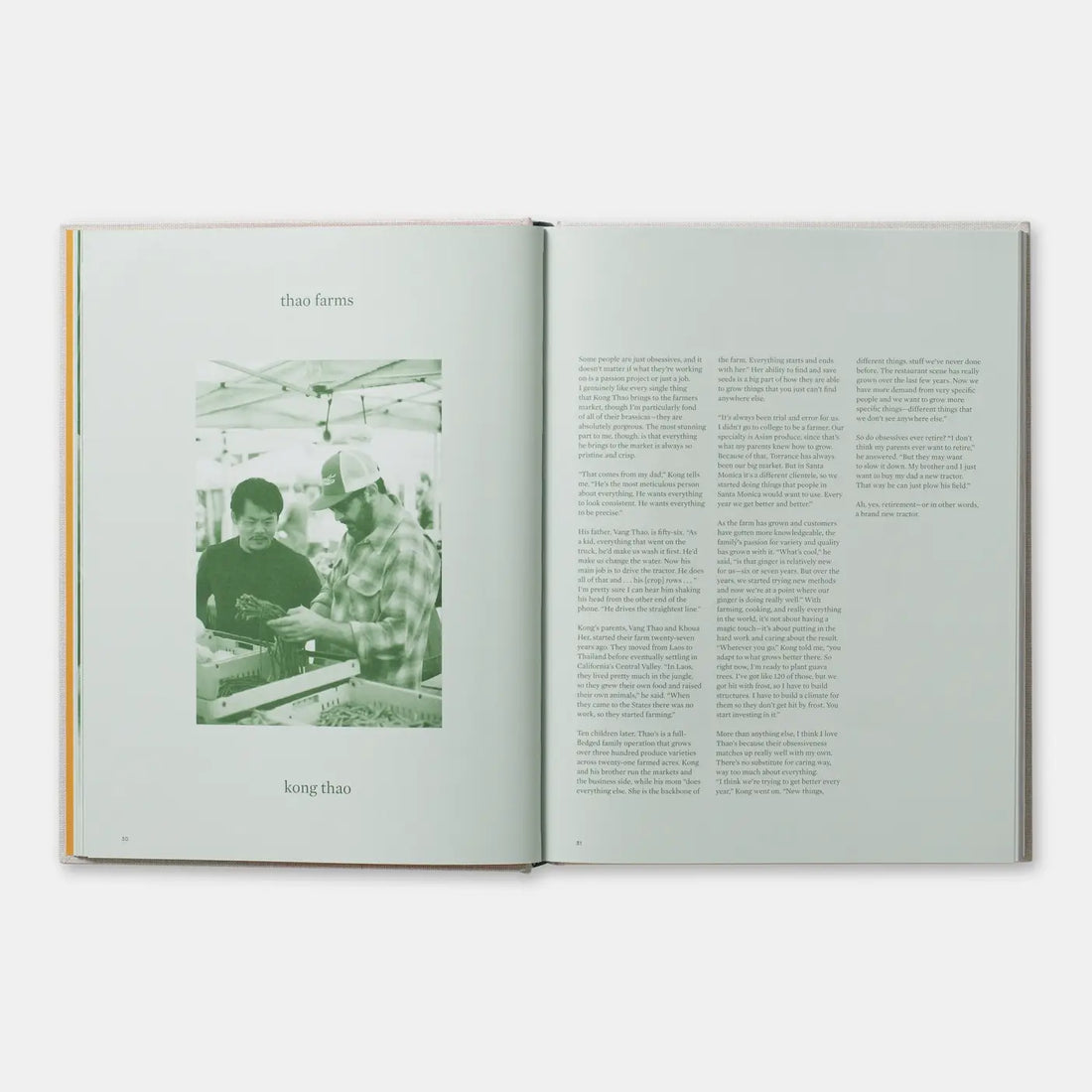 On Vegetables cookbook, interior page spread open to 'thao farms' story with black and white photo of two men