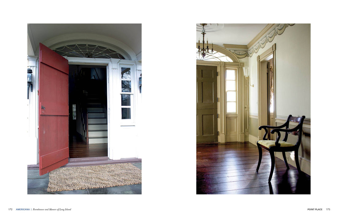 Americana Long Island book, two-page spread: red door exterior, leopard doormat; interior hallway, dark wood chair,…