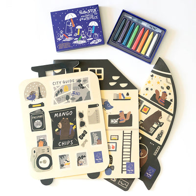 
                    
                      Jumbo House Paper Coloring Books, open flat lay revealing City Guide, room, and space adventure scenes. Colorful crayons…
                    
                  