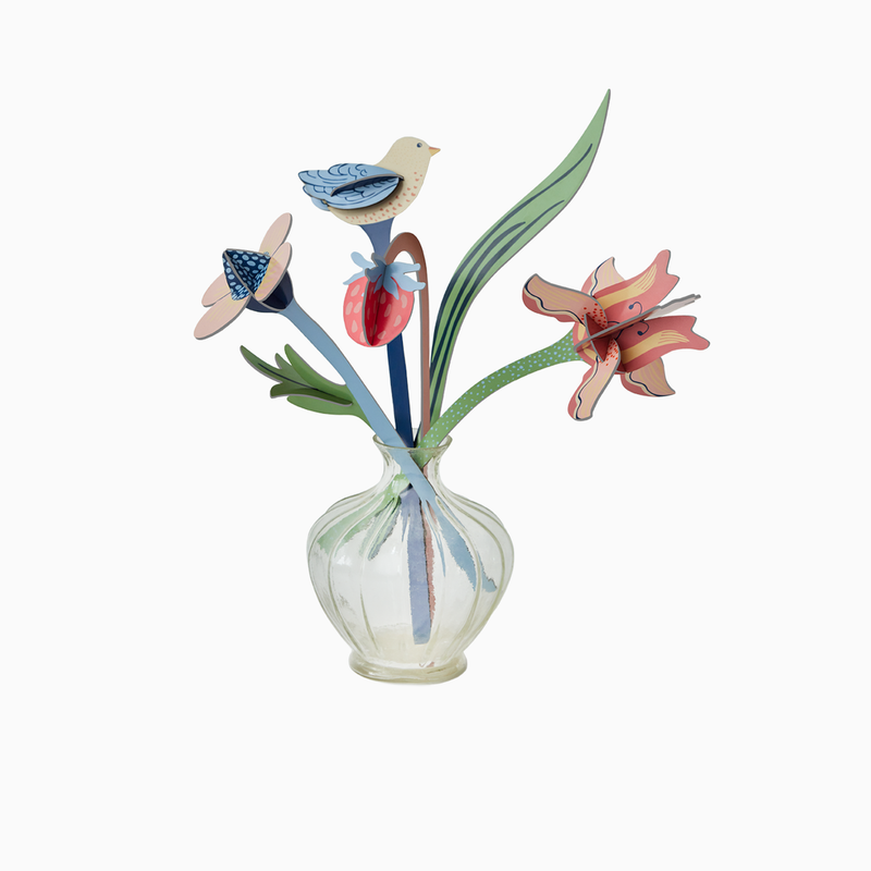 Studio Roof William Morris Bouquet 3D build kit, vibrant cardboard flowers, bird, strawberry in vase, front on white.