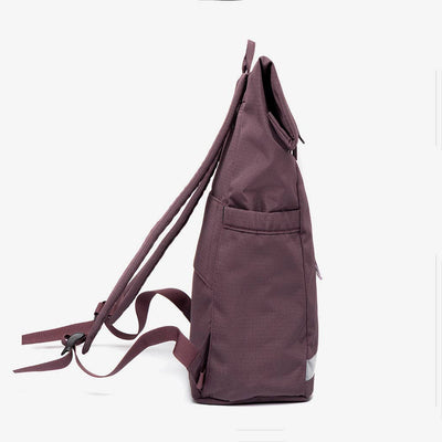 
                    
                      Lars Roll backpack in Wine RIPSTOP RPET fabric, full side view showing roll-top closure, side pocket, and adjustable straps.
                    
                  